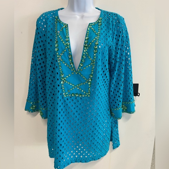 Soft Surroundings turquoise,  open eyelet top. Medium - Picture 1 of 5
